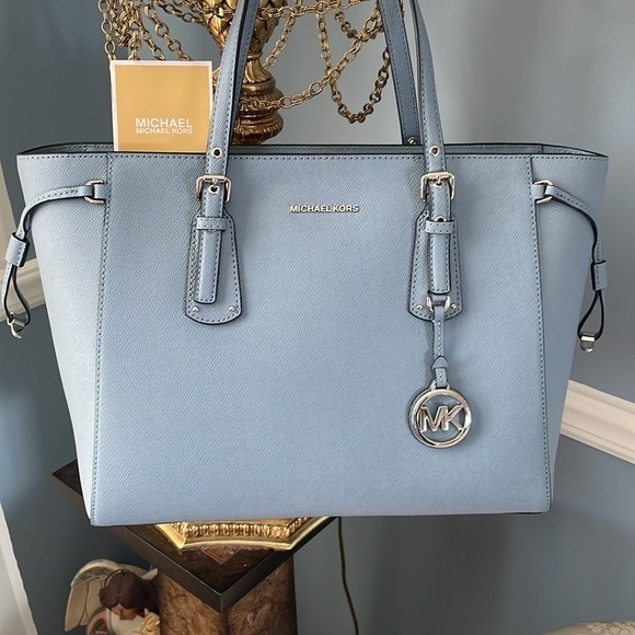 Brand New Michael Kors Voyager Genuine Leather Top Zip Tote Bag Chambray Blue - Picture 3 of 14